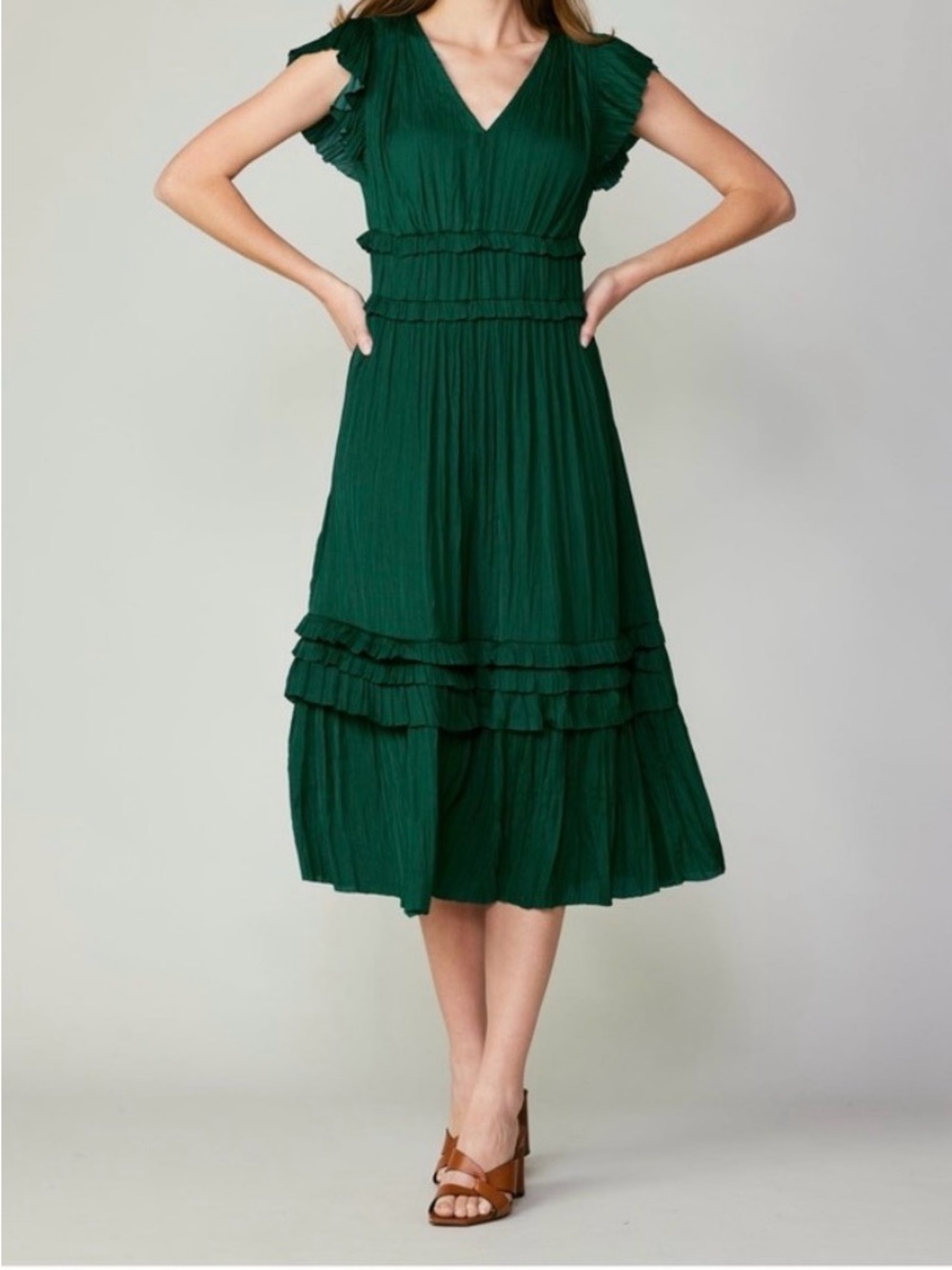 Anthropologie Current Air sereai forest Green V-Neck pleated Midi Dress